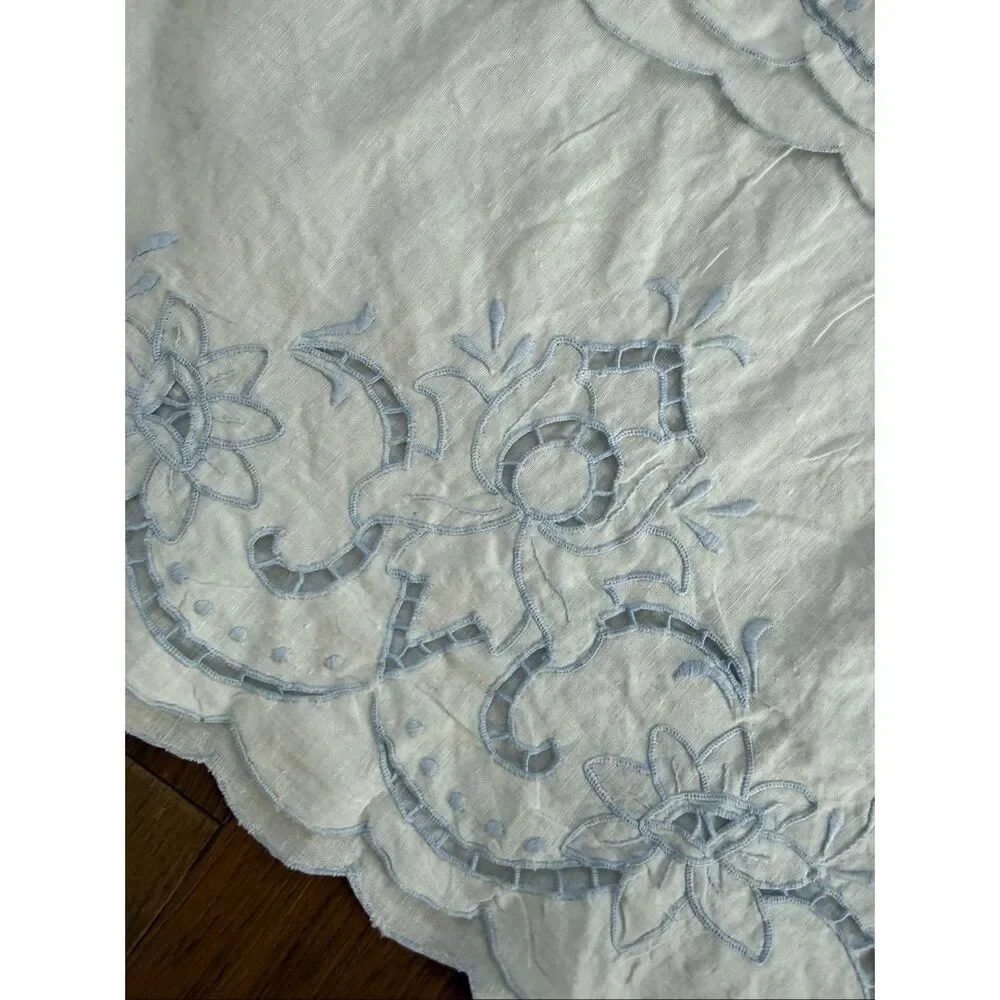 2 Vintage Queen Size Pillowcases Blue Edged Battenburg Lace Detail Scalloped End